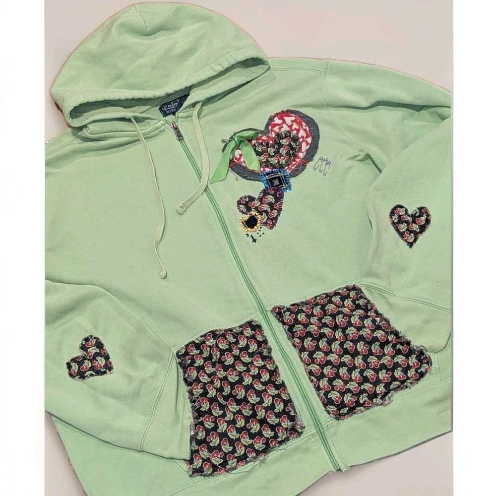 Y2K Coquette Patchwork Cherry Zip Hoodie XXL Polo‎ Ralph Lauren Green